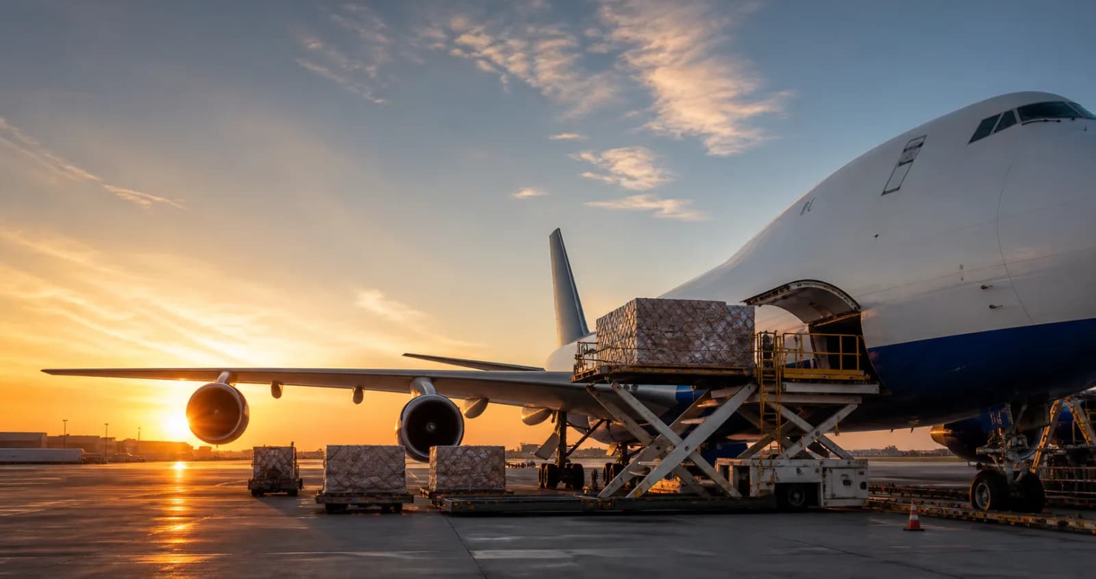 Unbranded cargo aircraft and freight equipment on an airport apron at sunrise.