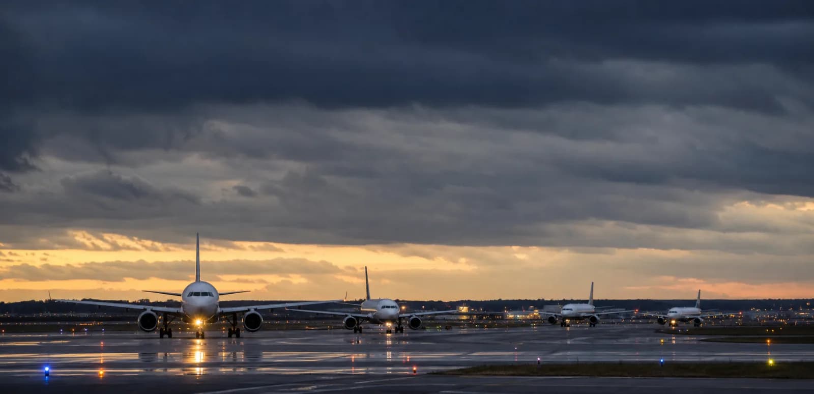 Unbranded aircraft waiting on a wet taxiway under low storm clouds.