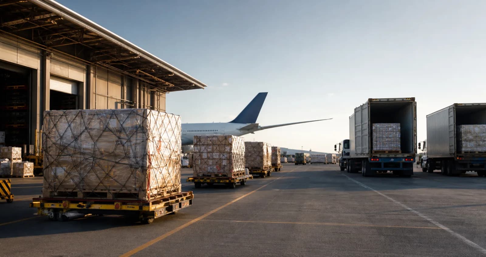 Cargo containers moving between an airport warehouse and commercial trucks.