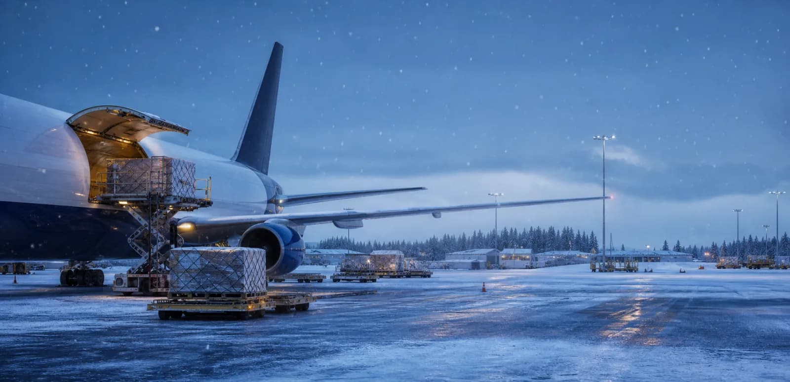 Cargo aircraft and freight equipment on a cleared snowy airport apron.