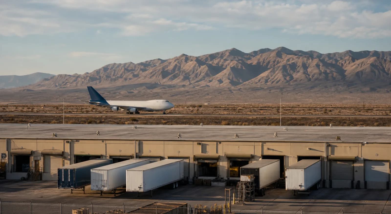 Cargo aircraft taxiing beyond a freight warehouse and trailer yard near desert mountains.