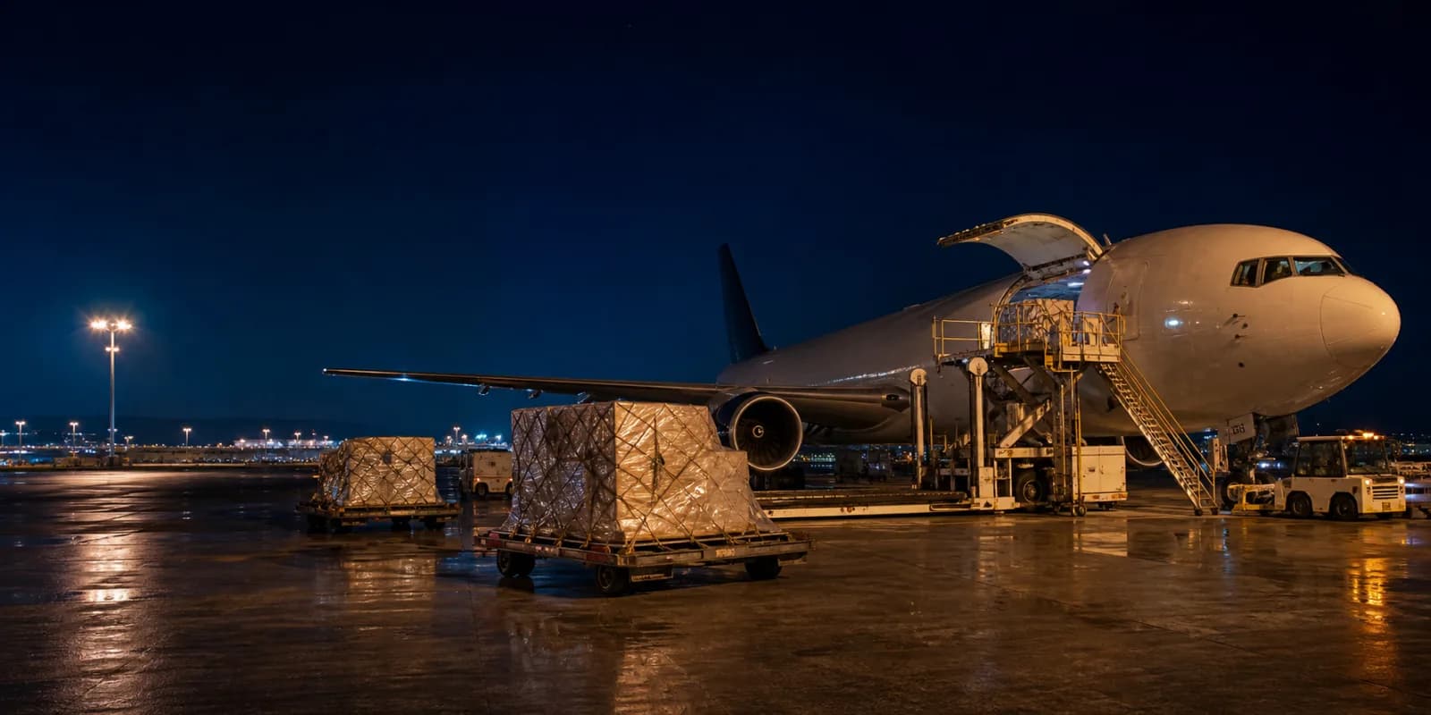 Unbranded freighter, sealed pallets, and ground vehicles on an illuminated apron at night.