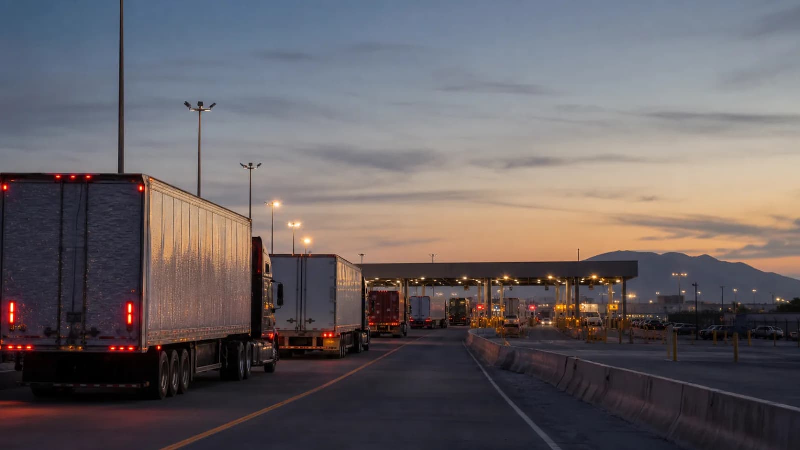 Commercial trucks approaching border inspection lanes at dawn.