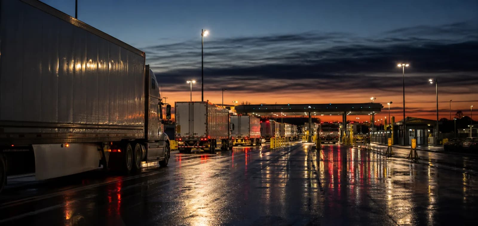 Commercial trucks moving through illuminated border lanes after rain.