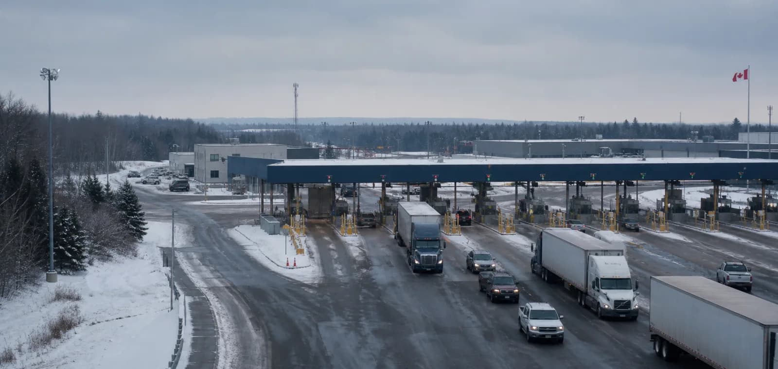 Passenger vehicles and trucks using cleared border lanes after light snow.
