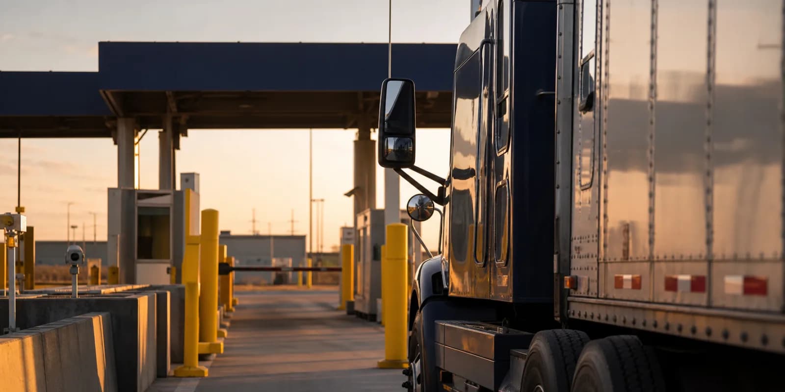 Commercial inspection lanes, safety barriers, and truck equipment in late-afternoon light.