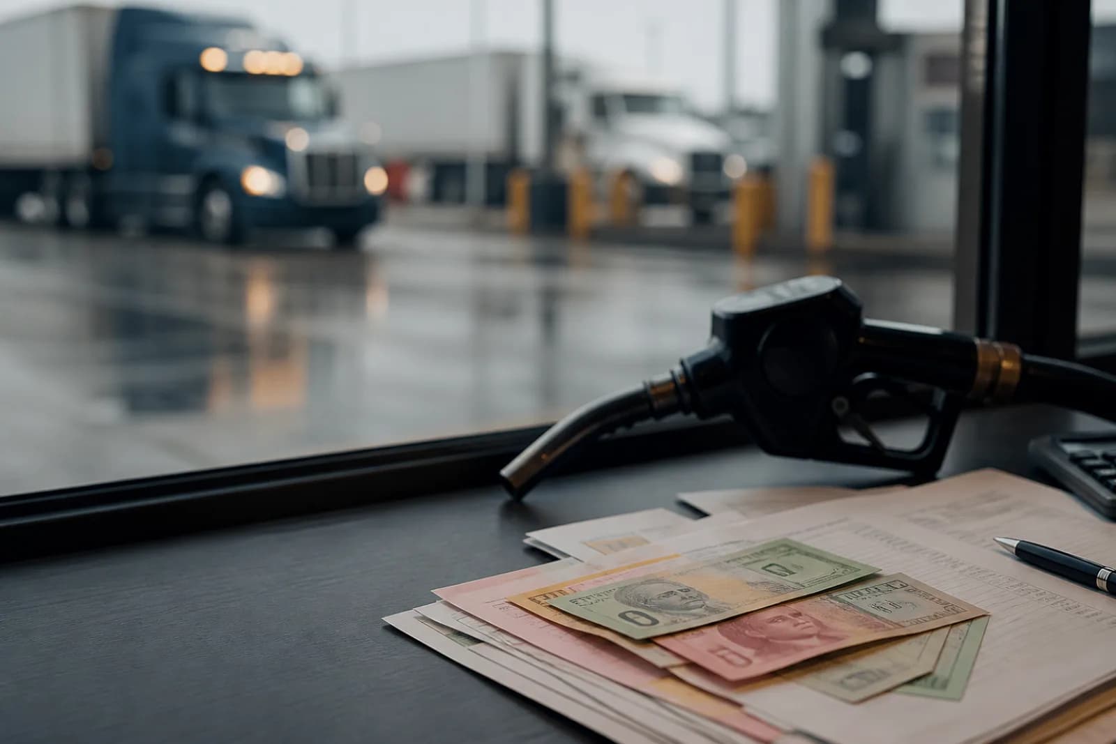 Generic market documents and fuel equipment with freight trucks beyond a window.