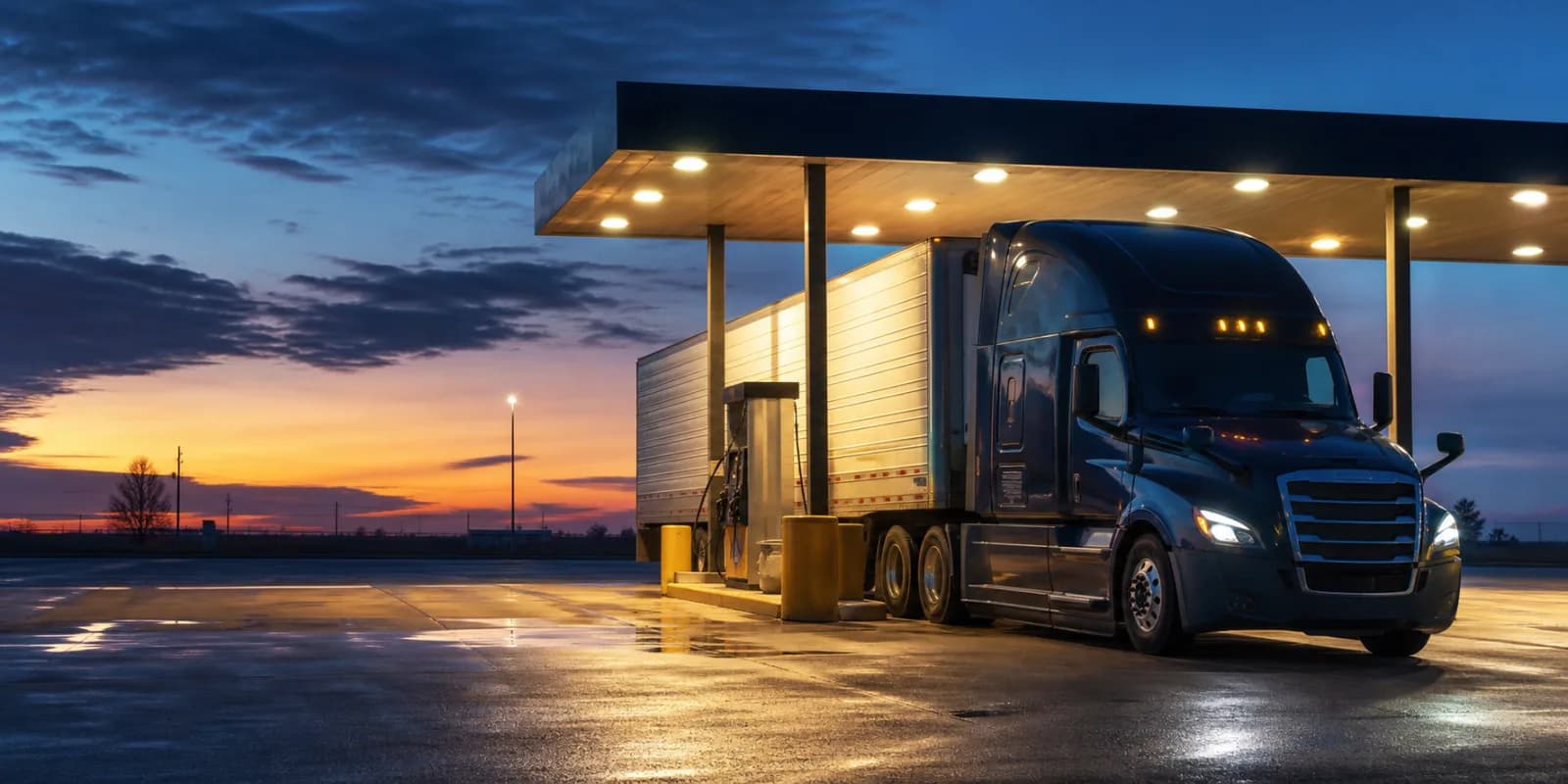 Unbranded tractor trailer fueling at a commercial truck stop before sunrise.