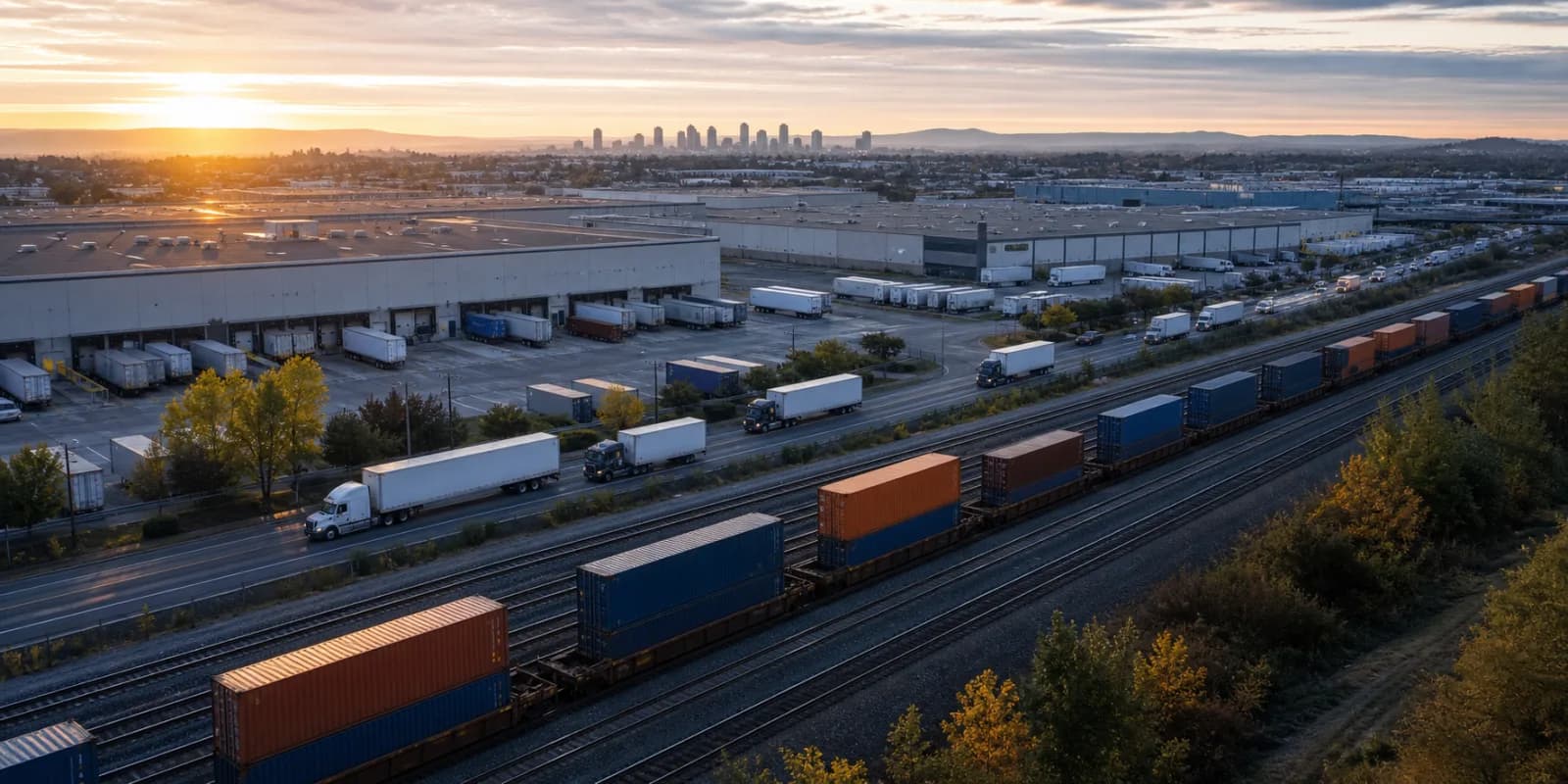 Warehouse district, rail line, and trucks operating during a morning shift change.