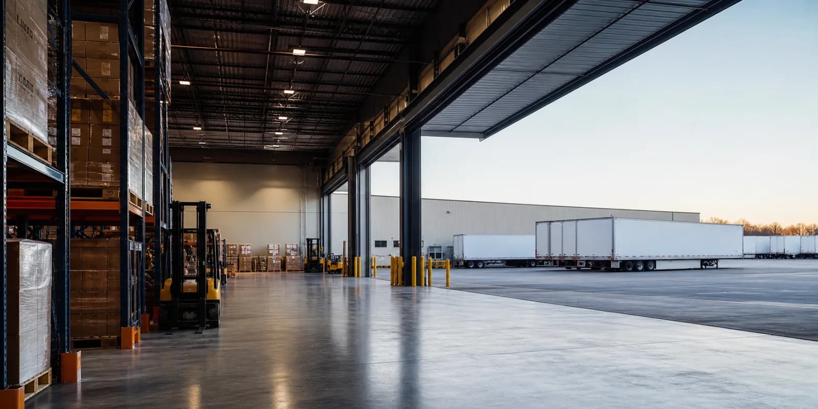 Organized pallets, parked forklifts, and trailers at a distribution center.
