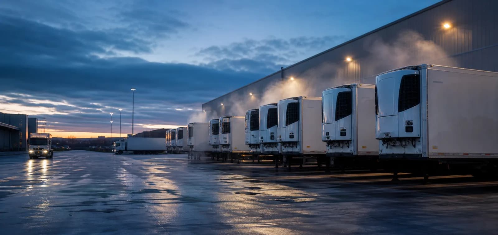 Refrigerated trailers at a temperature-controlled logistics facility during blue hour.