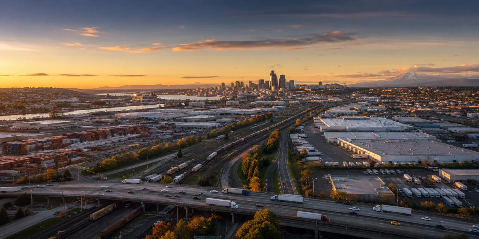 Highway, rail corridor, warehouses, and city skyline in a broad logistics landscape.