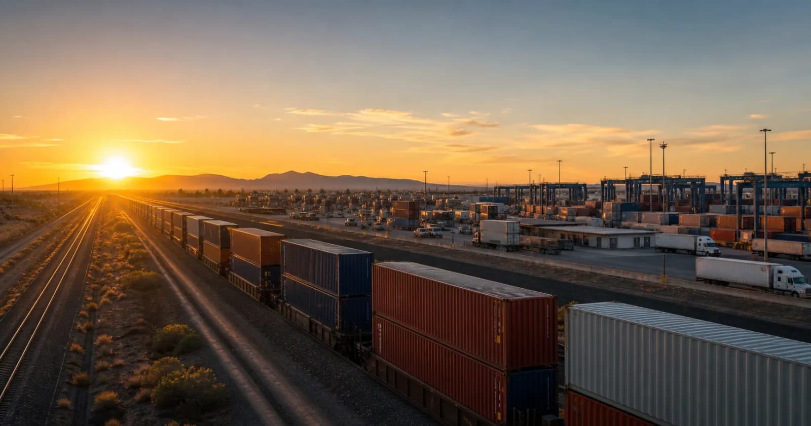 Double-stack freight train moving through an intermodal yard at sunrise.