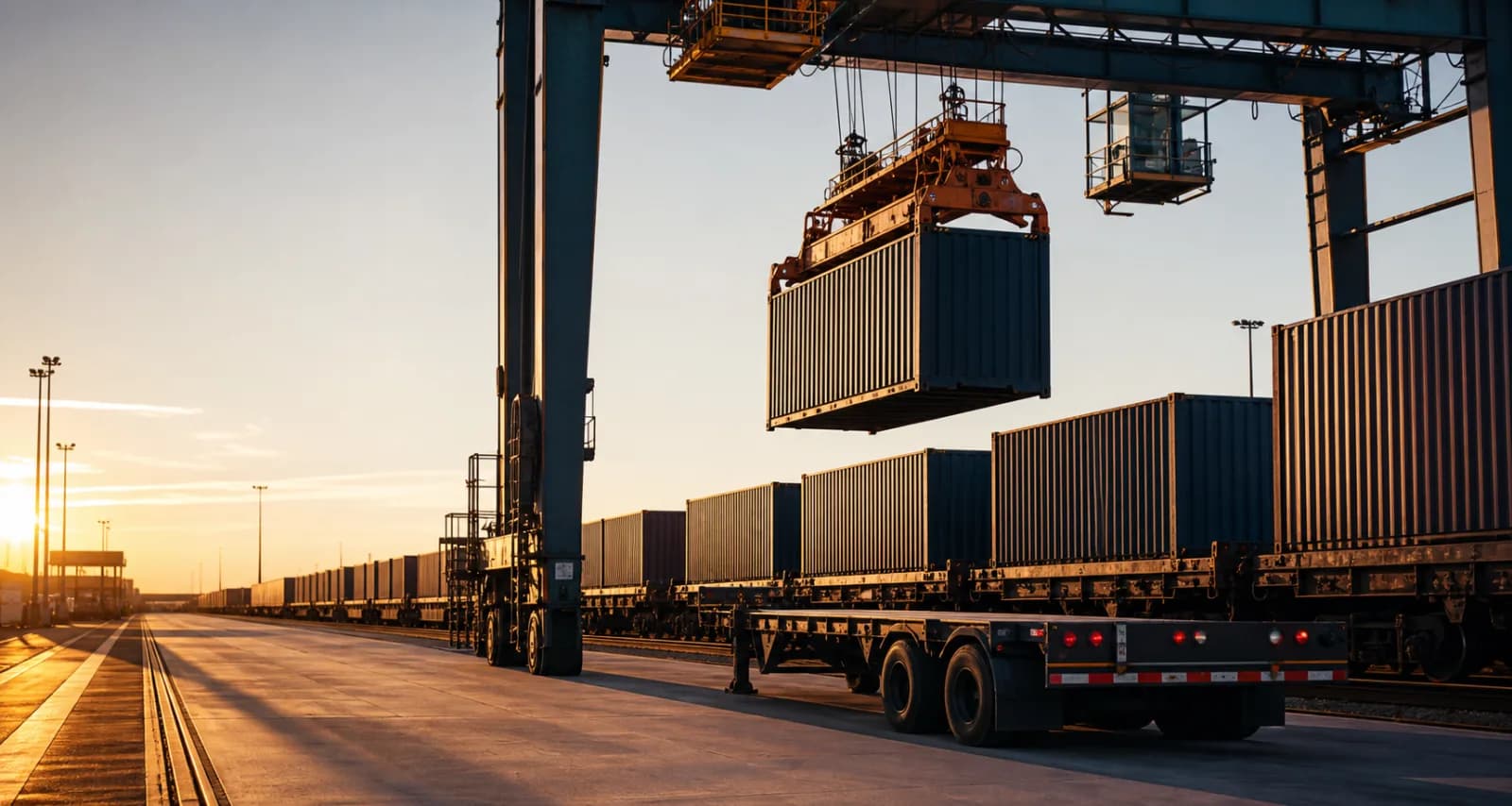 Gantry crane transferring an unbranded container between rail and truck equipment.