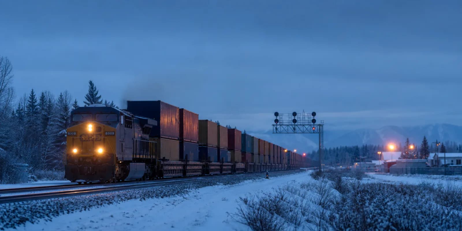 Container train moving through a lightly snow-covered northern rail corridor.