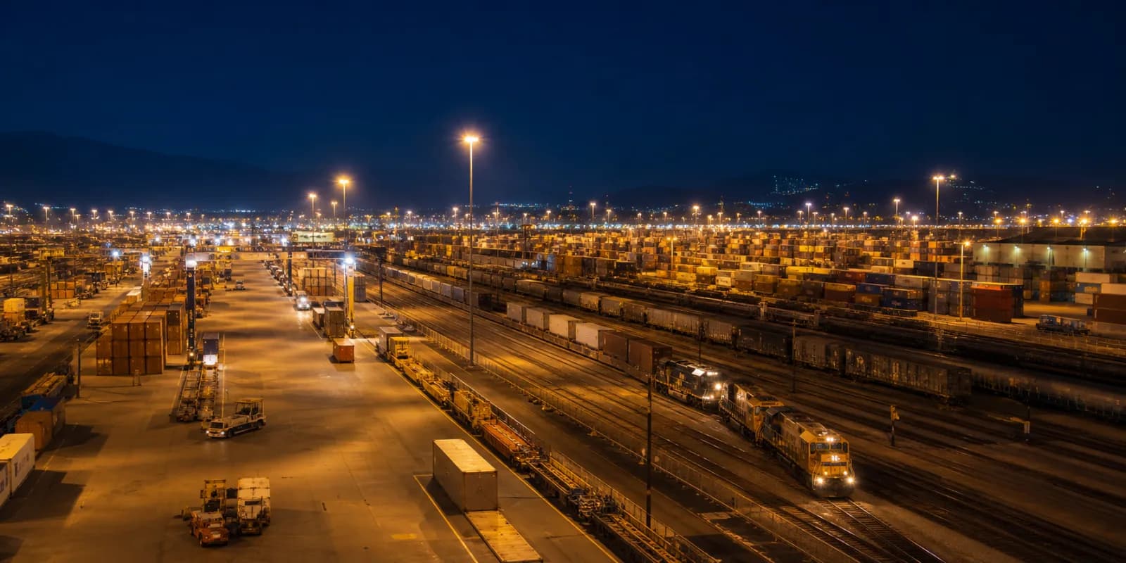 Illuminated rail yard with container stacks, locomotives, and yard trucks at night.