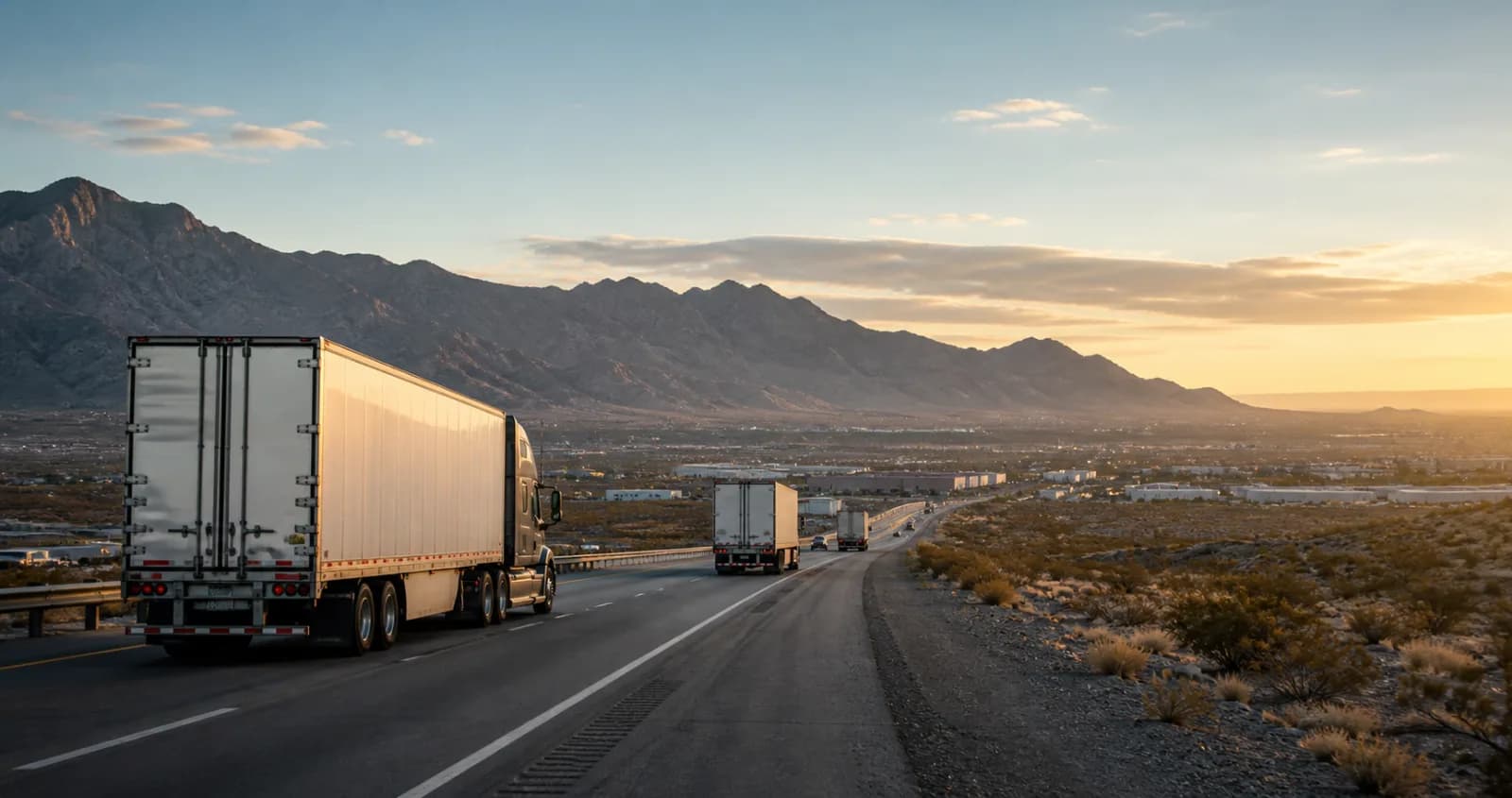 Tractor trailers traveling on a desert interstate toward a logistics hub at sunrise.