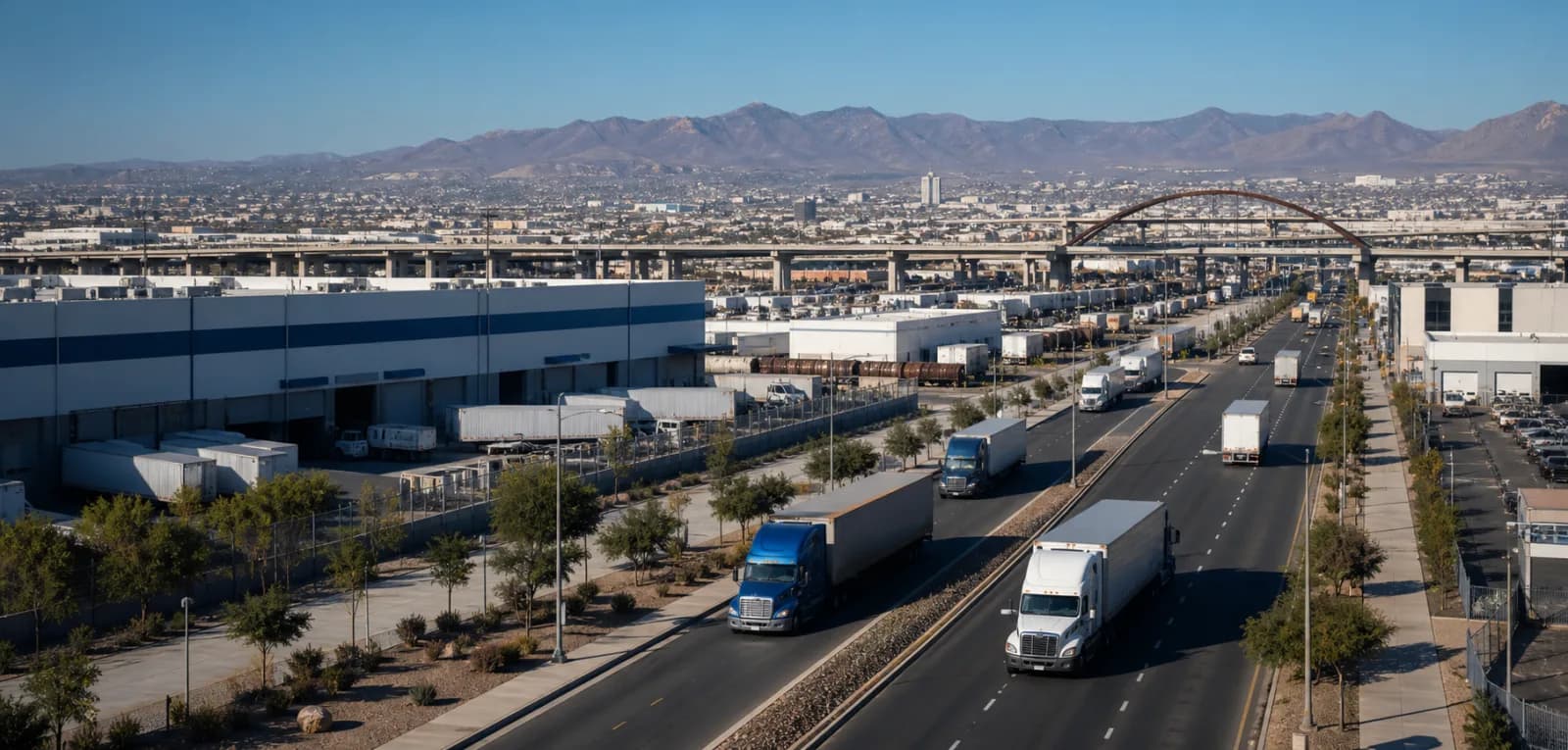 Commercial trucks moving through an industrial boulevard near warehouses and overpasses.
