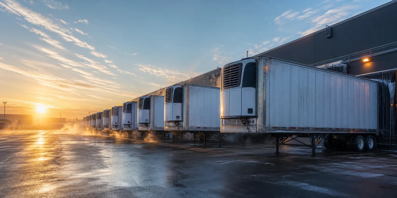 Refrigerated trailers leaving a cold-storage facility at dawn.