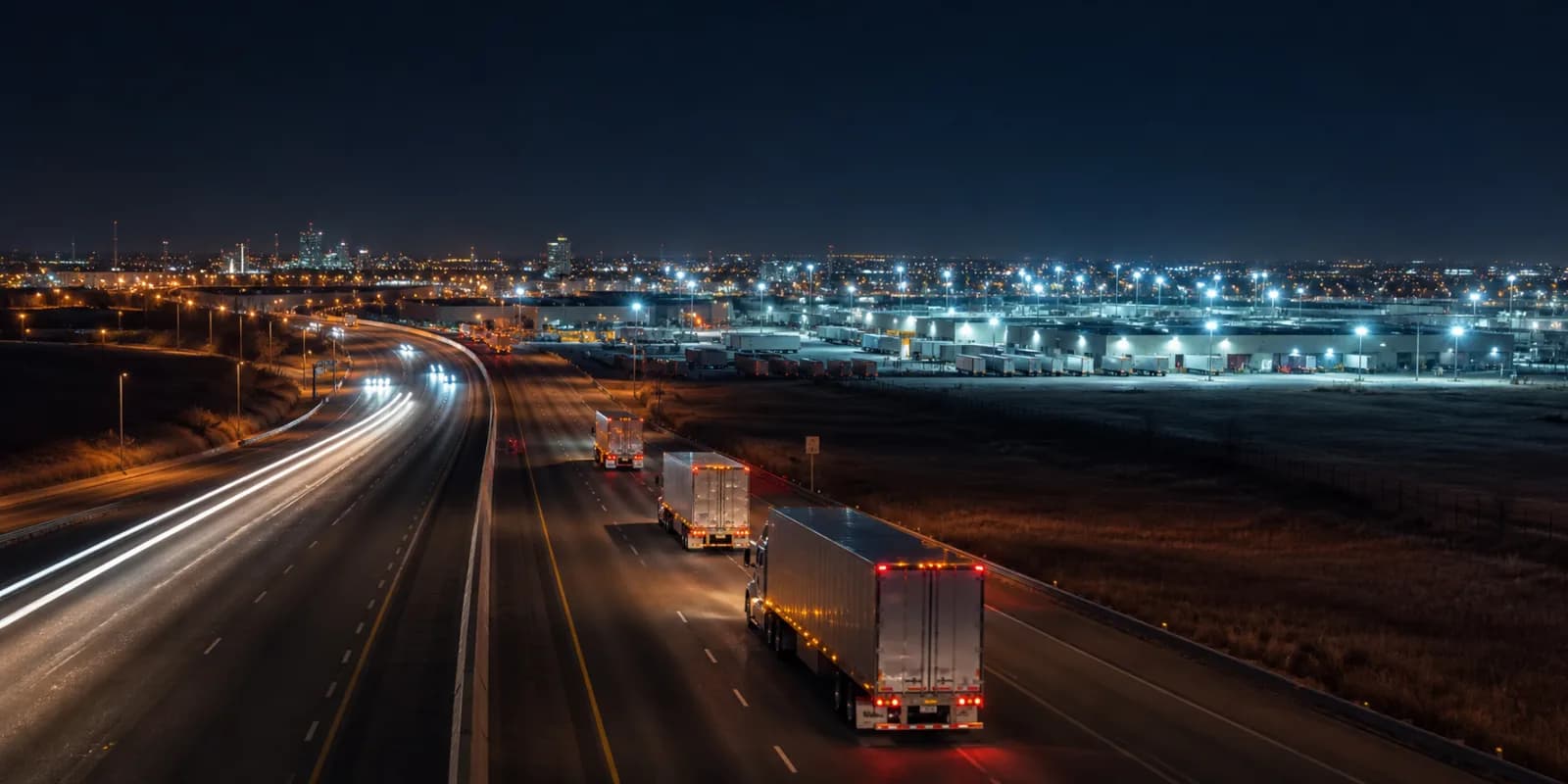 Commercial trucks traveling on an illuminated highway near a border logistics district.