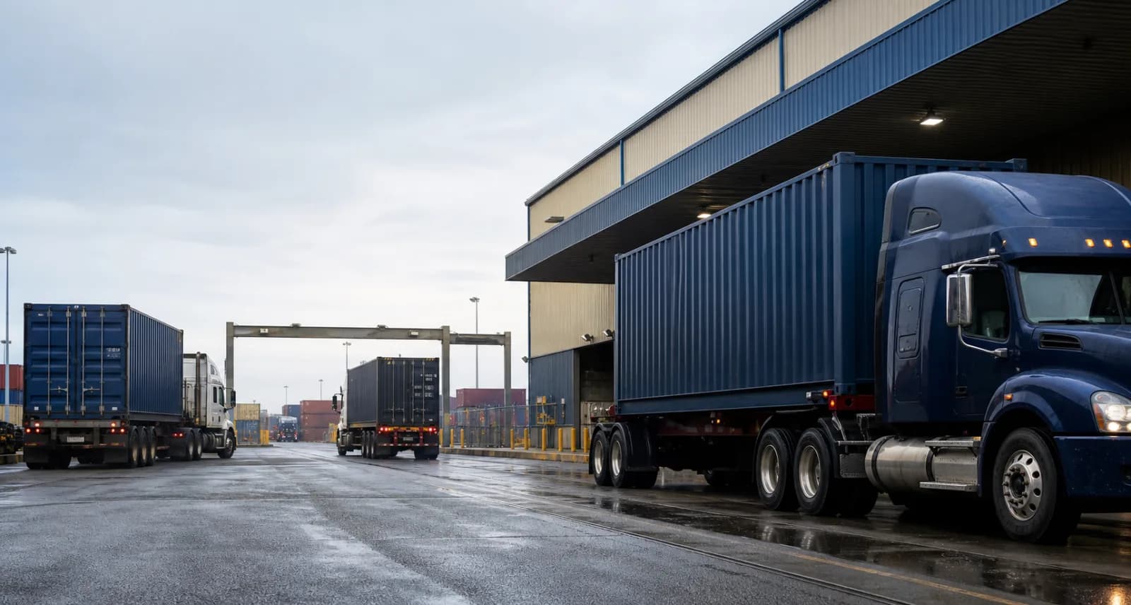 Container trucks moving through an organized terminal and warehouse corridor.