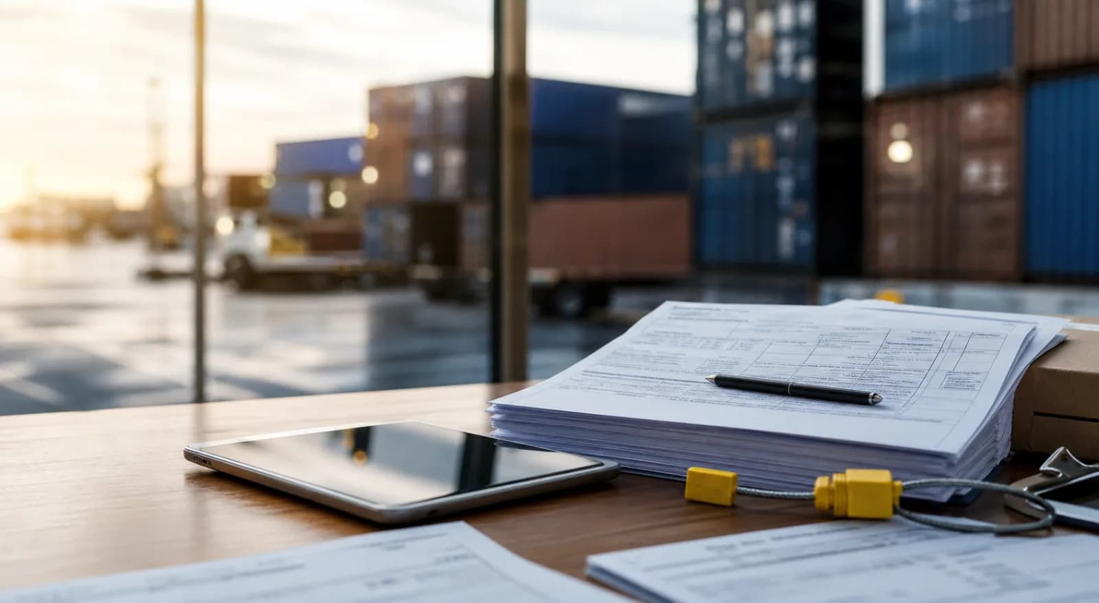 Generic shipping documents, cargo seal, and tablet beside a blurred container yard.