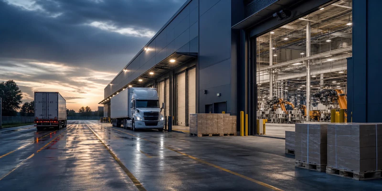 Tractor trailers and organized pallets at a modern manufacturing loading dock.