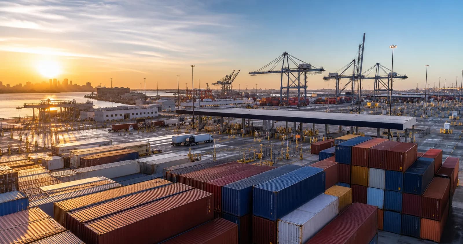 Shipping containers, port cranes, and an inspection area at sunrise.