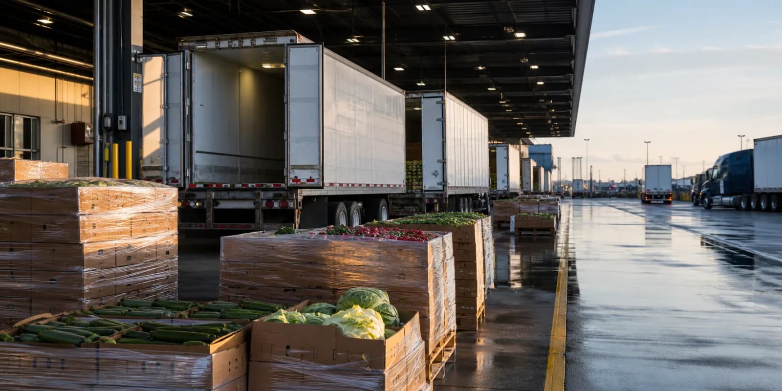 Refrigerated trailers and produce pallets at a clean inspection warehouse.