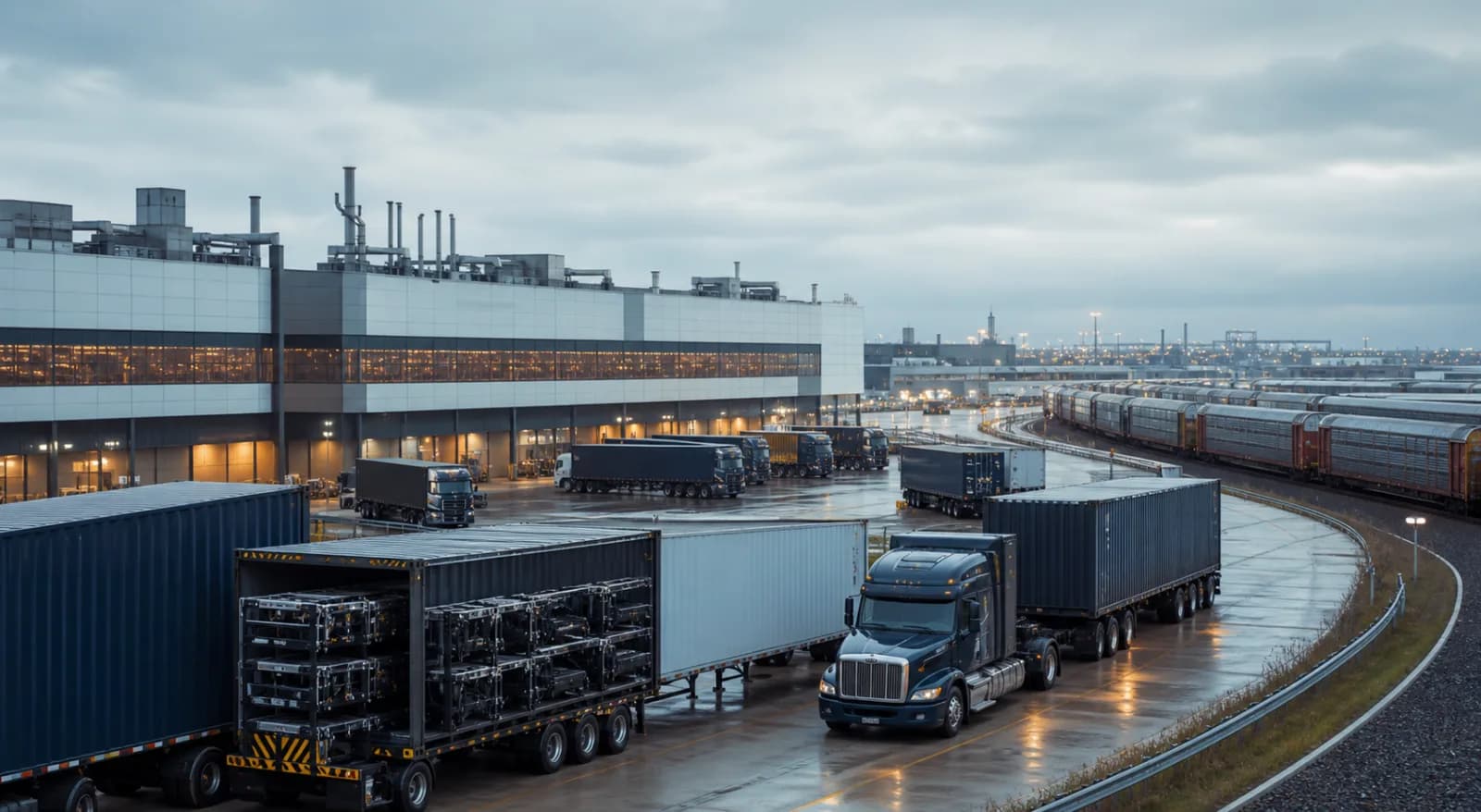Unbranded auto-parts containers, trailers, and rail equipment outside an assembly plant.