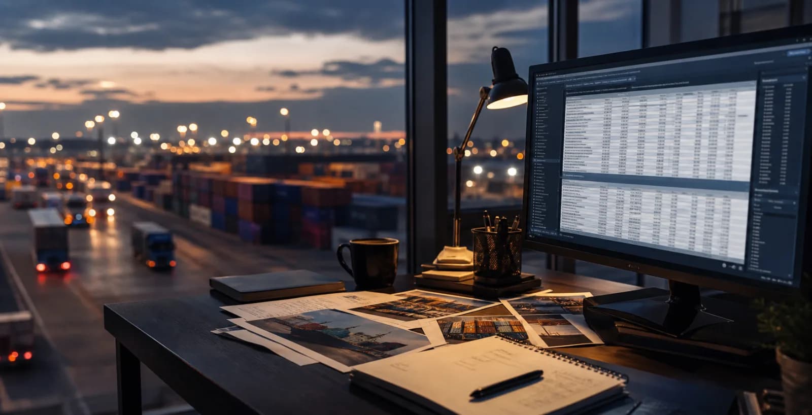 Analyst workspace with generic tariff tables overlooking a freight corridor.