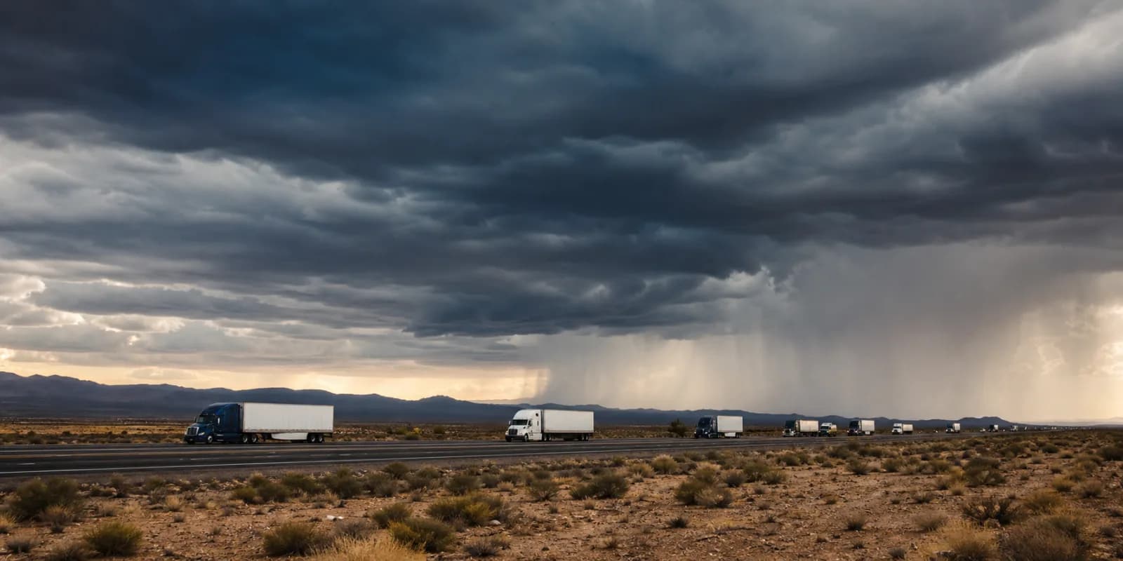 Freight trucks traveling below a desert thunderstorm and distant rain shaft.