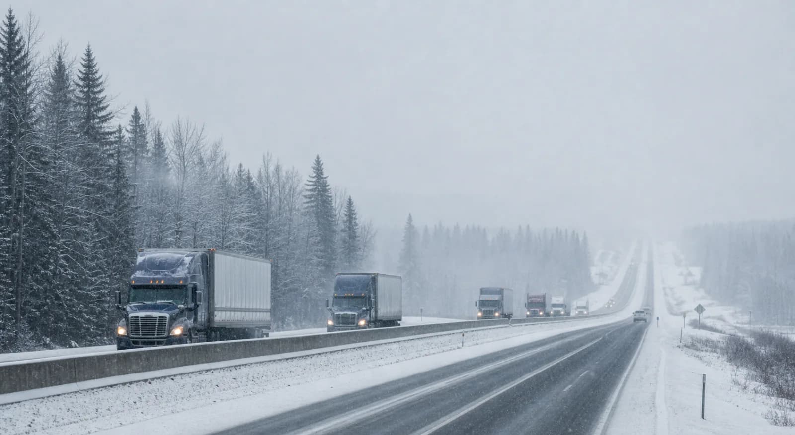 Freight trucks traveling slowly on a cleared highway during light snow.