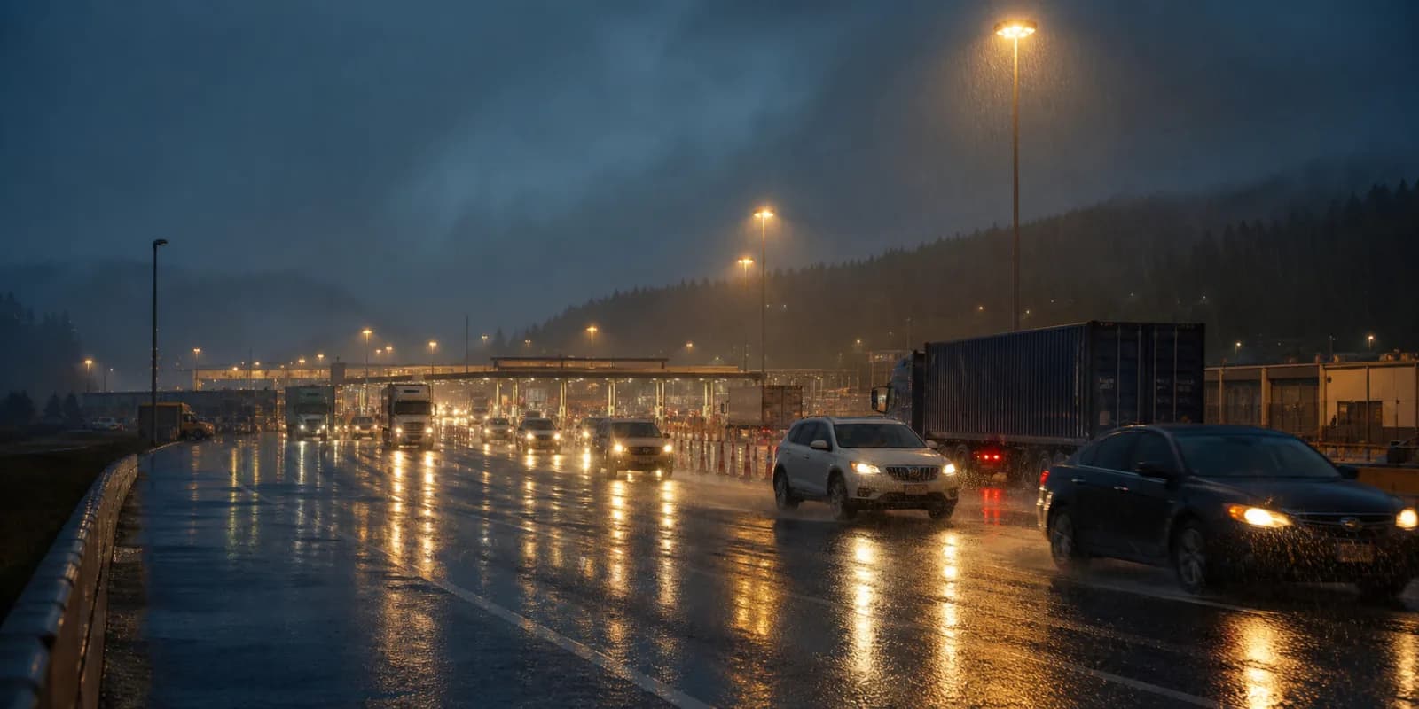 Vehicles and trucks moving cautiously on wet roads near border infrastructure.
