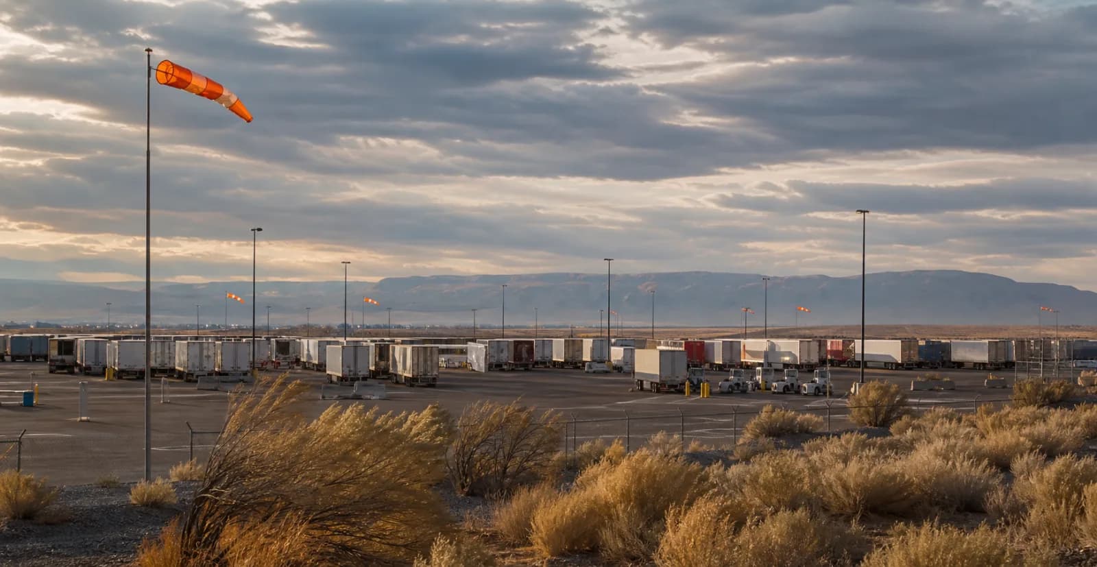 Secured trailers and a windsock under strong winds at a logistics yard.